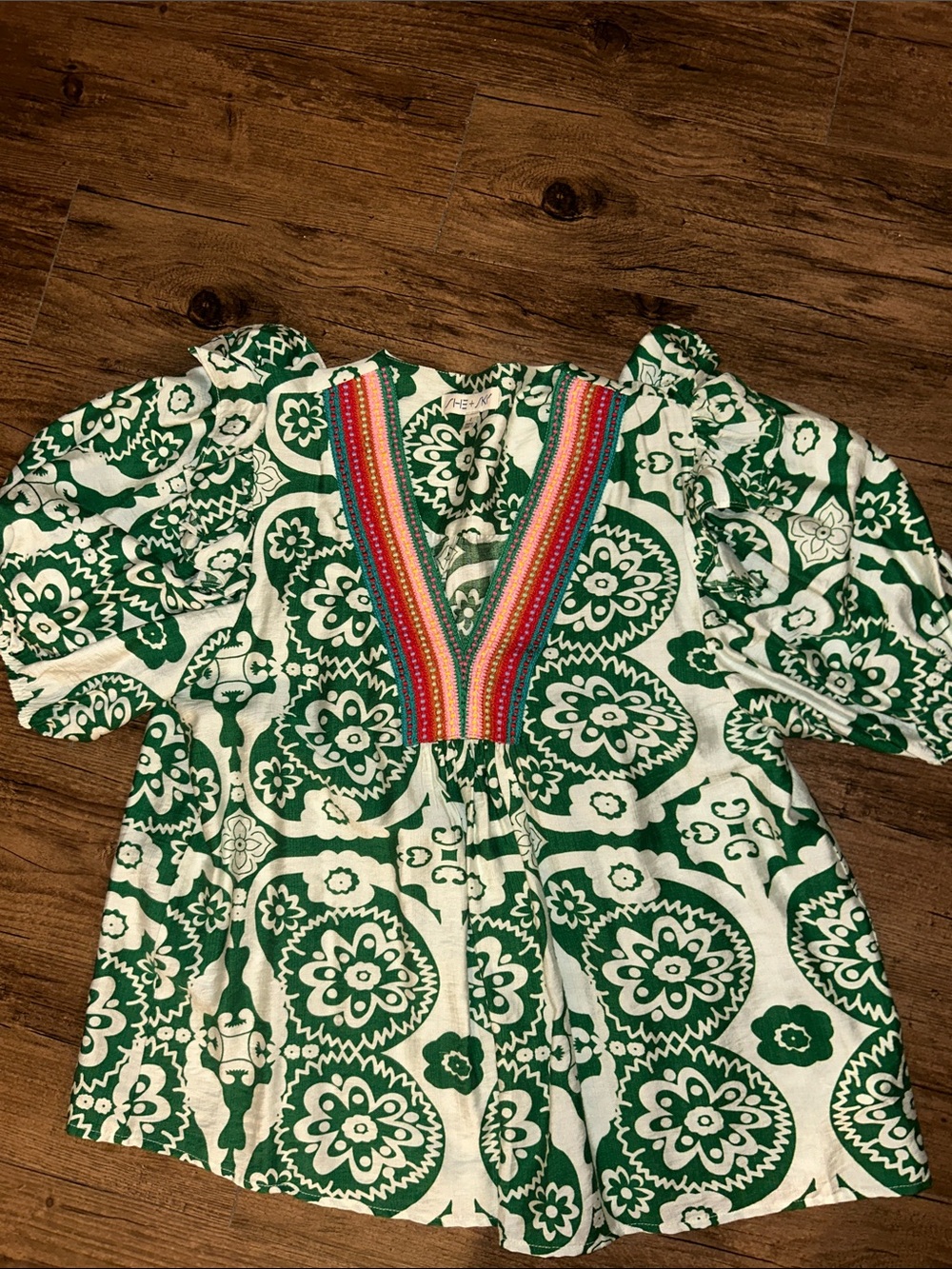 She + Sky Green Floral V-Neck Embroidered Tunic Top